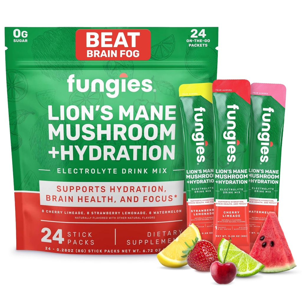 Fungies Electrolyte Drink Mix s Lion's Mane Mushroom & Essential Electrolytes, 24 Odrodové balenie - bezcukrová hydratácia Supplement prášok pre dospelých pre zdravie a zaostrenie mozgu - Huba Supplement