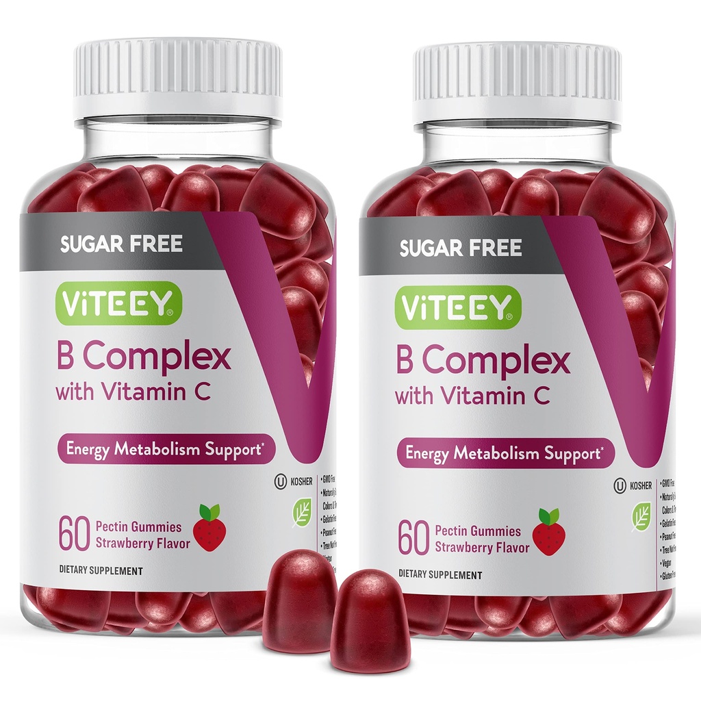 VITEJSKÝ vitamín B komplex Gummy s vitamínom C, bez cukru - energia, metabolizmus a nerve zdravie - B6, B12, kyselina listová, biotín - Vegan, želatína bez, GMO bez - chutné žuvačky ochutené Gummy