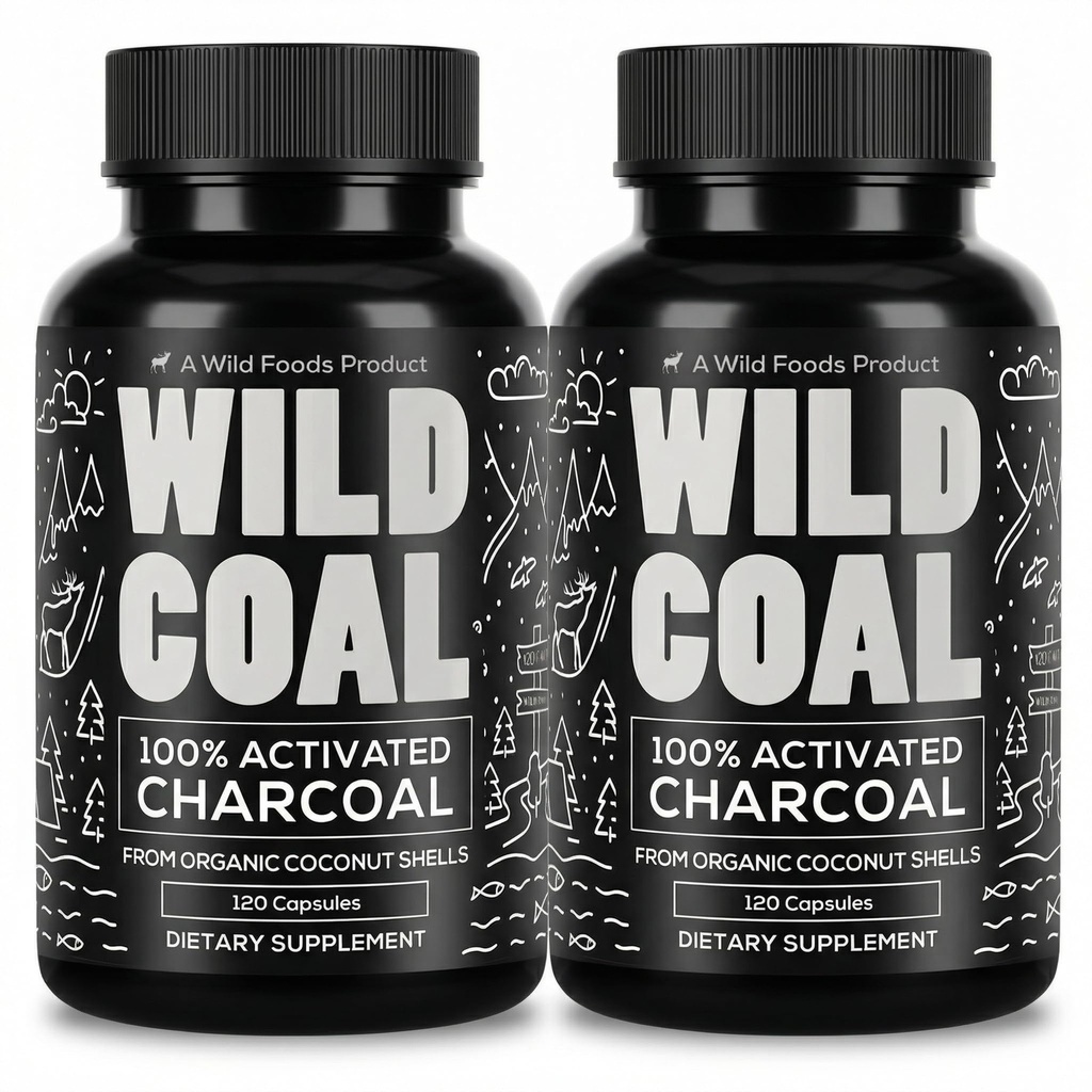 Wild Foods Aktivované Charcoal Kapsule 100% Organic Coconut Shells Active Tablets for Bloating Relief 