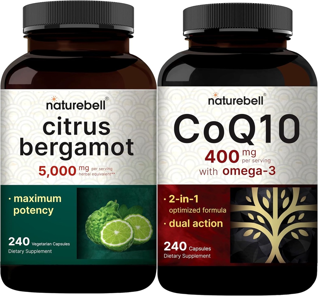 NatureBell CoQ10 400mg Kapsule s Omega 3 Mastné kyseliny a Citrus Bergamot Veggie Kapsule 5,000 mg Rovnocenné Bundle Pack 