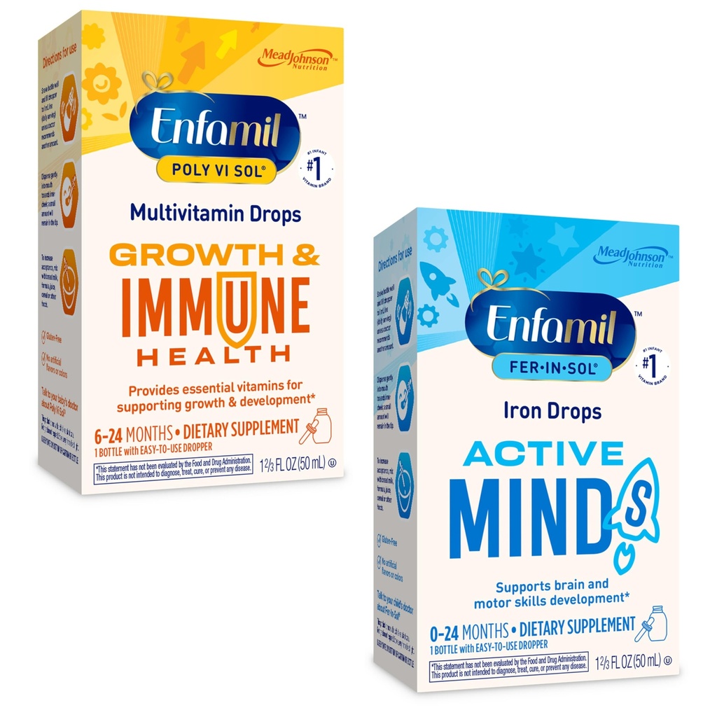 Enfamil Poly-Vi-Sol a Fer-in-Sol Liquid Drop Multivitamínové doplnky pre dojčatá a batoľatá, 2x50 ml Dropper fľaša