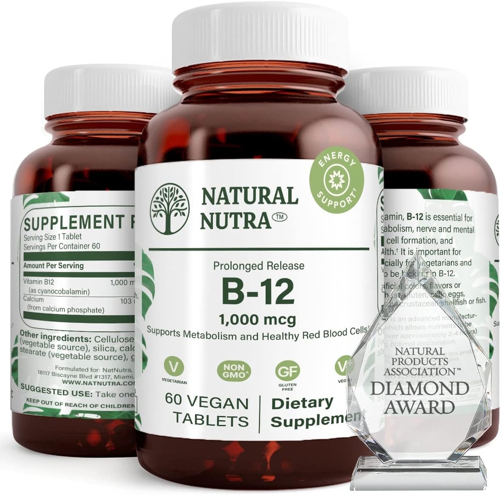Natural Nutra Vitamín B12 1000 μg, Kobalamín B 12 doplnok, Fosfát vápenatý, Pomoc pri metabolizme zdravie, podporuje nervový systém, Optimálna absorpcia, Glutén bez, bez cukru, 60 Vegan tablety