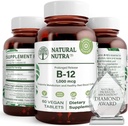 Natural Nutra Vitamín B12 1000 μg, Kobalamín B 12 doplnok, Fosfát vápenatý, Pomoc pri metabolizme zdravie, podporuje nervový systém, Optimálna absorpcia, Glutén bez, bez cukru, 60 Vegan tablety