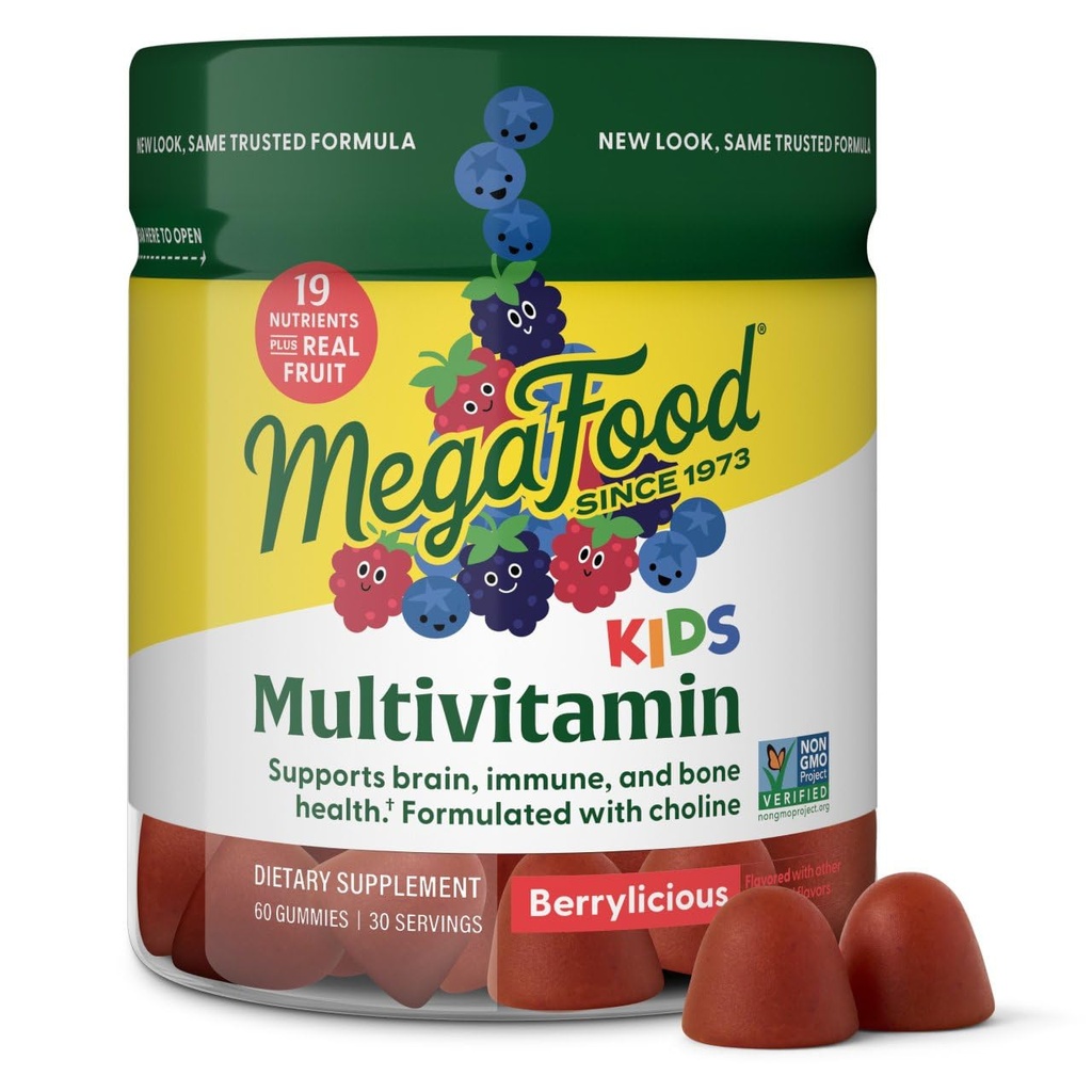 MegaFood Kids Multivitamínové Gummies - Deti Vitamíny - Vek 4+ s vitamínom C, vitamínom D, zinkom, cholínom a skutočným ovocím - Mozog a imunitná podpora - Berrylicious chuť - 60 Gumies (30 porcií)