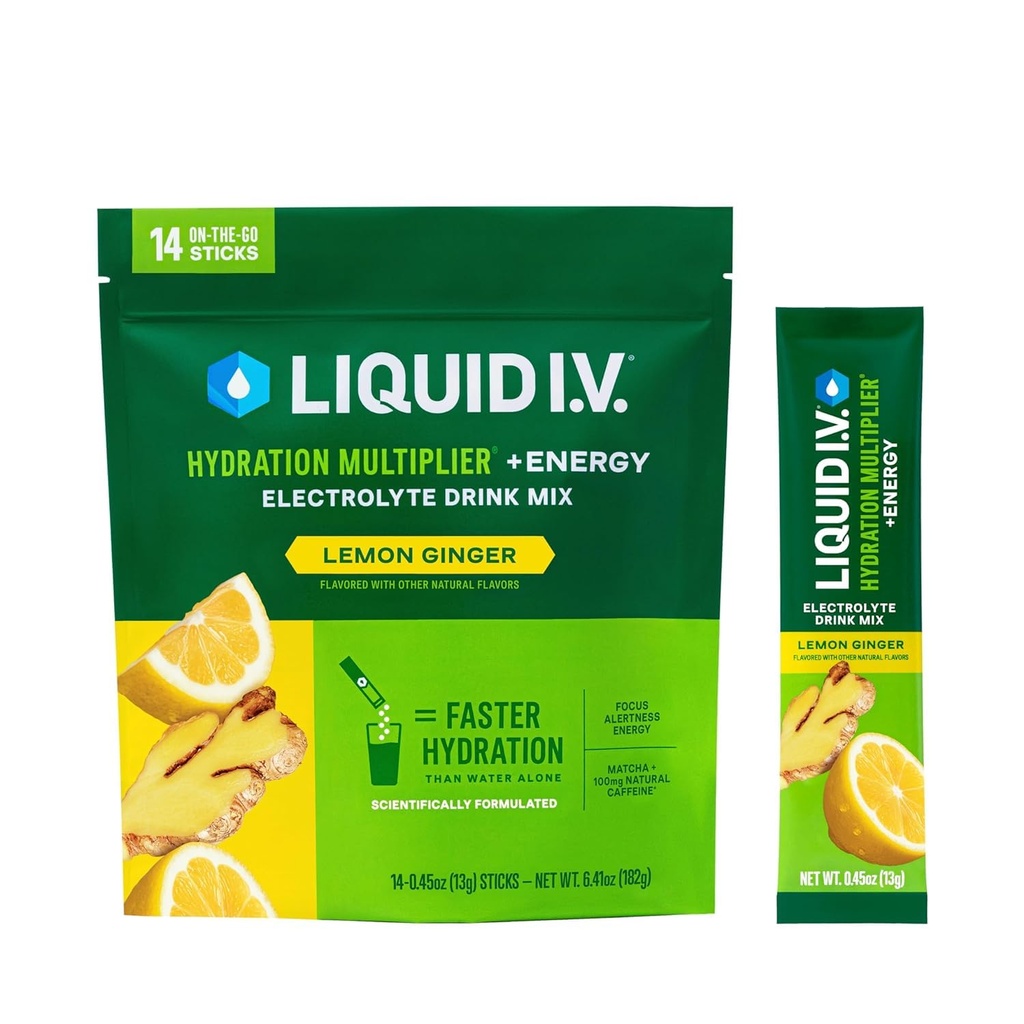 Tekutý I.V.® Hydračný multiplikátor +Energy - Citrónová zázvor Elektrolytová prášková drink Mix 1 Balenie (14 porcií)