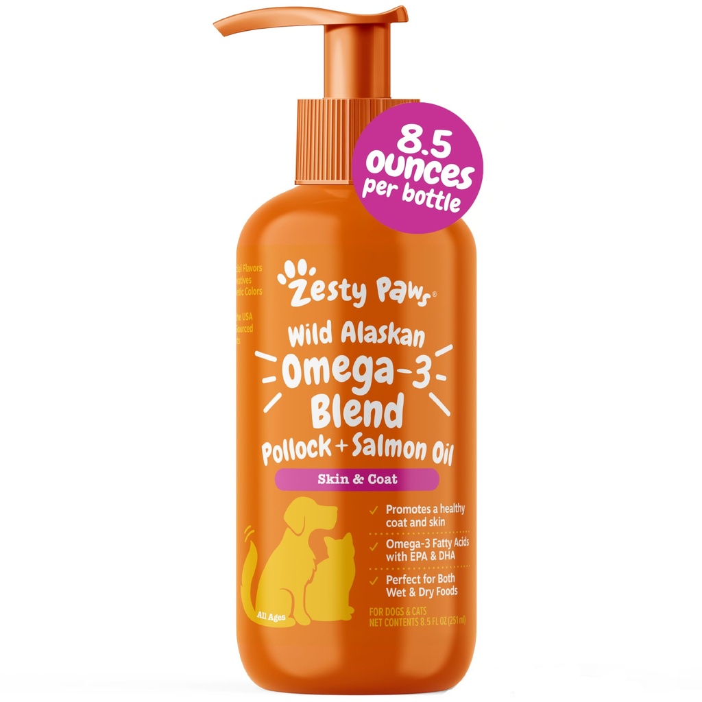 Zesty Paws Wild Aljašský Omega-3 Blend Pollock + Salmon Oil pre psy a mačky- Skin and Coat Support, Omega 3 Supplement for Pets, 8.5oz