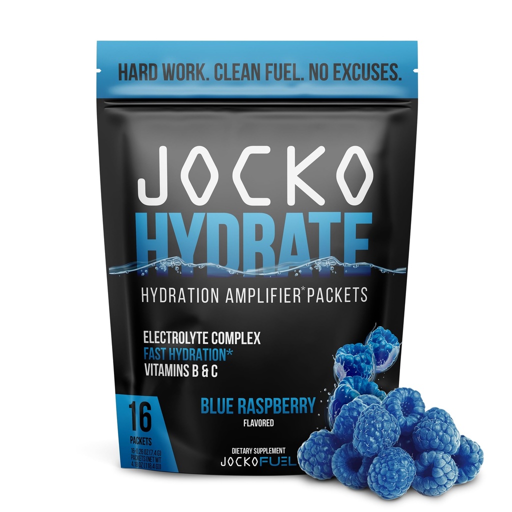 Jocko Fuel Hydrate Electrolytes prášok balíčky s nízkym obsahom cukru - hydratačné zosilňovače balíčky pre regeneráciu, dehydratáciu, & Cvičenie - s vitamínmi B6, B12 & C (16 paketov) Modrá malina