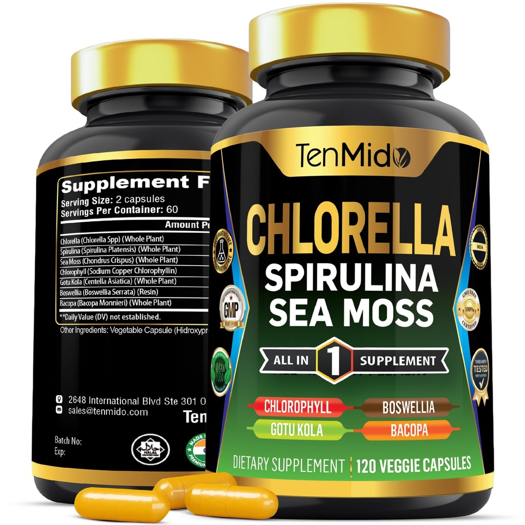 Chlorella Supplement for Men and Women - 7in1 Formula s Spirulina, Morská mach, Chlorofyl, Gotu Kola, Boswellia & Bacopa - Immune Support - Bohaté na živiny, Vitamíny - 120 Kapsule