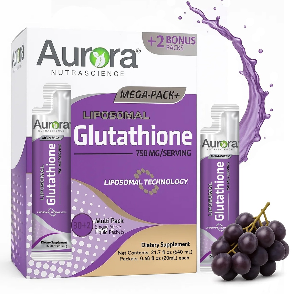 Aurora Nutrascience Mega-Lipozomal Liquid Glutatione, Immune & Antioxidant Gut Zdravotná podpora doplnok, 750 mg per Serving, non-GMO, bez cukru, 32 Single Serve Pakets