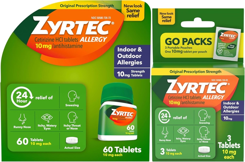 Zyrtec 24 hodinové tablety na úľavu od alergie, liek na vnútorné a vonkajšie alergie s 10 mg cetirizínu HCl na jednu antihistaminikum tableta, balenie, 60 ct + 3 ct Cestovné balenia, 63 počet