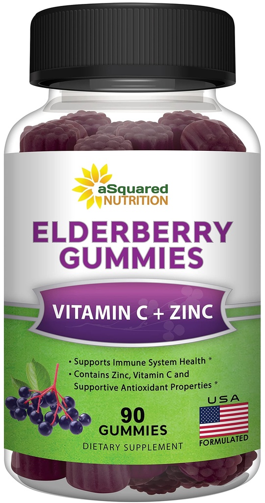 aSquared Nutrition Sambucus Elderberry Gummies s zinkom a vitamínom C - Žuvacie Gummy doplnok Alternatíva k kapsulám Tabletky - Čierne bazy w/VIT C pre dospelých Immune Support - 90 Gummies
