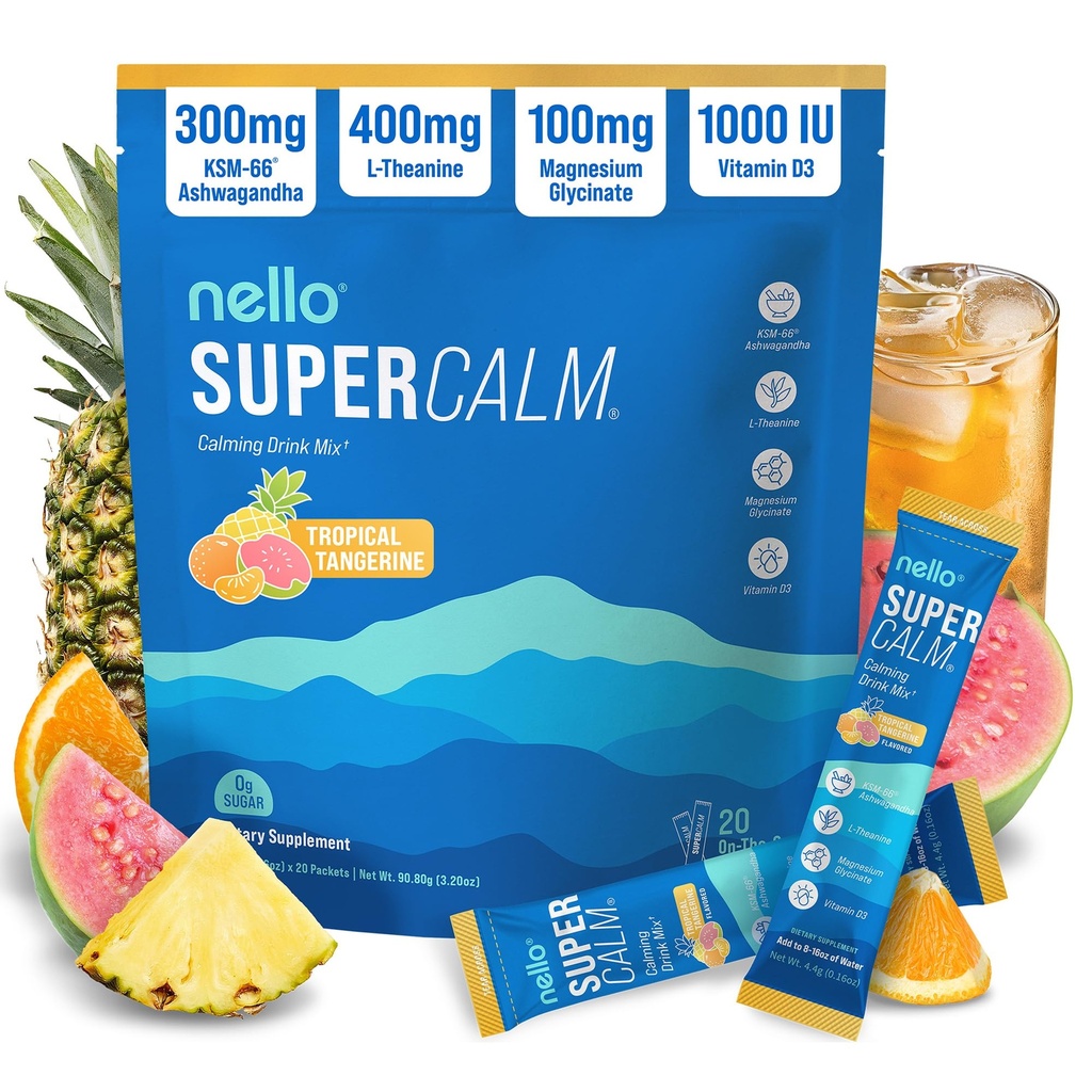 Nello Supercalm Powdered Drink Mix, Tropical Tangerine, L Theanine, Ksm-66 Ashwagandha, Magnézium Glycinate, Vitamín D 3, Doplnky pre relaxáciu a zaostrenie, Prírodné, Bez cukru, Non GMO, 20 Srvg
