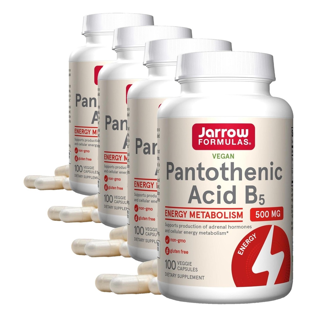 Jarrowove vzorce Kyselina pantoténová B5 500 mg - 100 Veggie Caps - Essential B Vitamín Dietary Supplement - Energetická výroba a metabolická podpora - 100 Servisov (Stoj zo 4)