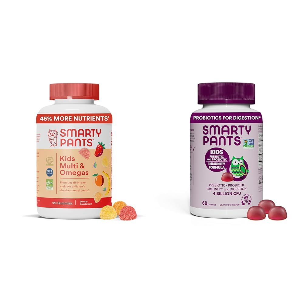 SmartyPants Kids Multivitamínové Gummy a probiotické Imunity Bundle: Omega 3 Rybí olej (EPA/DHA), Vitamín D3, C, vitamín B12, B6, Digestive & Immune Suplement (30-dňová ponuka)