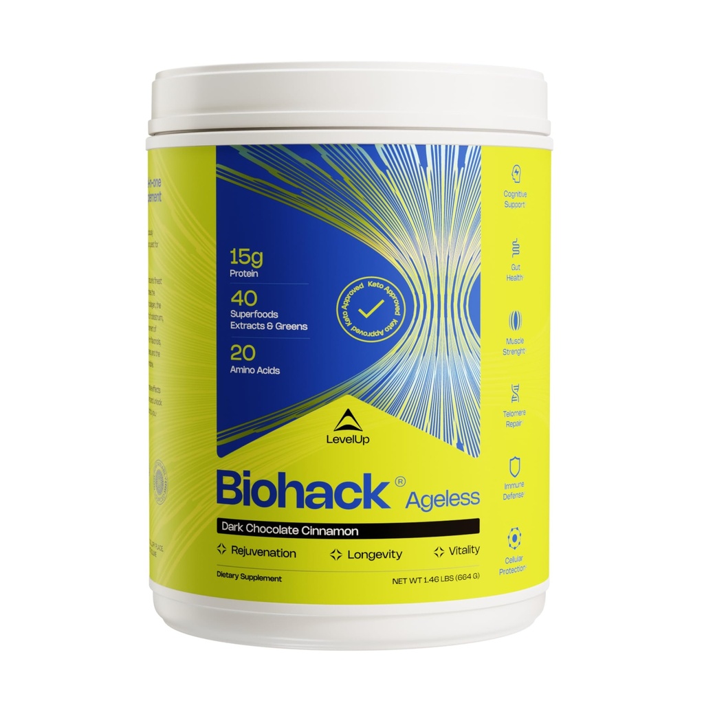 LevelUp Biohack Ageless: Colostrum Collagen Superfoods Antioxidanty Spermidin Aminokyseliny Kreatín pre ženy a mužov, Celková telesná omladenie (jark čokoláda škorica)