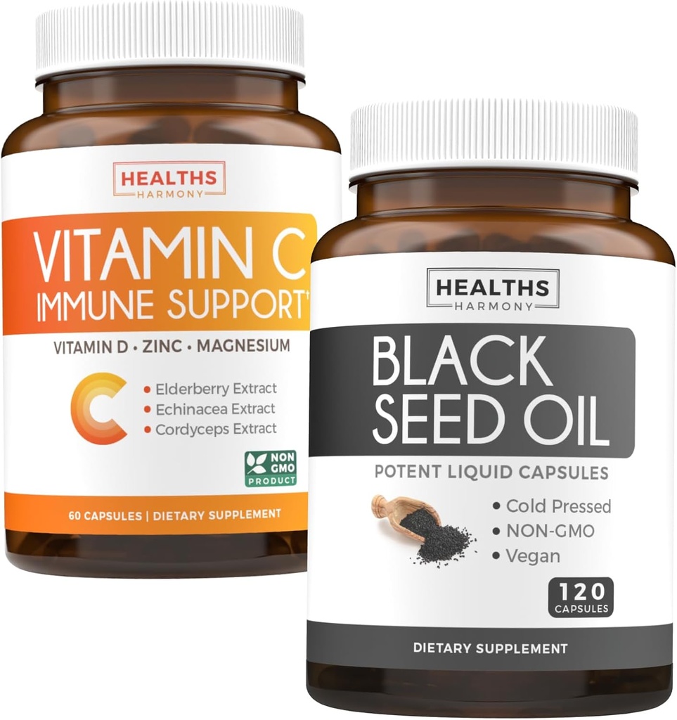 Čierne semeno a vitamín C (2-Mesačné zásobovanie) Kompletná obranná imunita čierneho oleja zo semien - Nigellia Sativa studené kumínové semeno (120 kapúl) a vitamín C Imunitná podpora (60 Vegetariánskych tabliet)