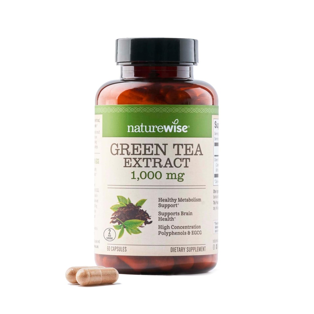 NatureWise Green Tea Extract Kapsule 1000 mg - 50% EGCG & 98% Polyfenoly - Extra sila Zelený čaj Tabletky - Antioxidanty pre zdravie a energiu srdca - Vegan, Non-GMO - 60 Počet[30-Deň dodávky]