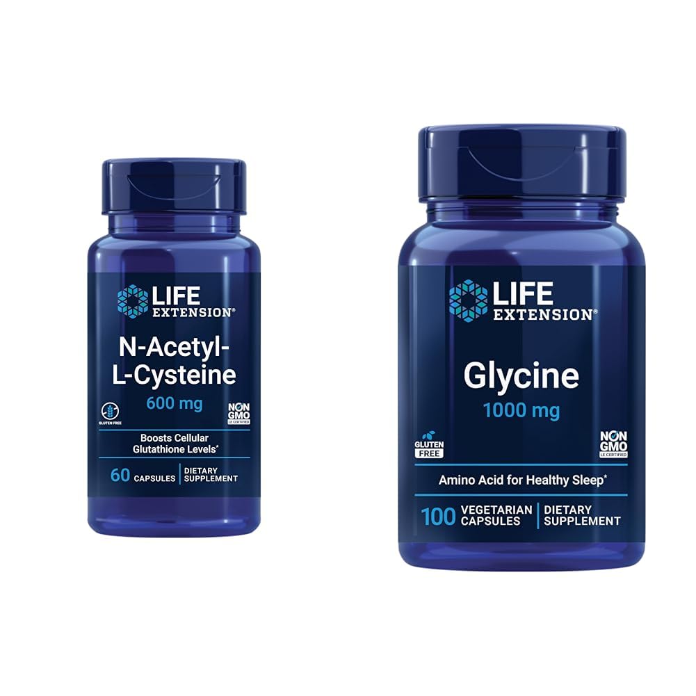 Life Extension N-Acetyl-L-cysteín (NAC) & Glycín 1000 mg, podporuje relaxáciu, zdravý spánok, aminokyseliny, glutén-free, non-GMO, Vegetarián, 100 kapsúl