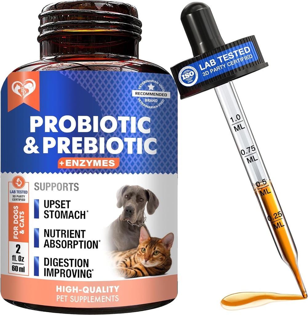 Probiotics & Prebiotics with Enzymes for Dogs and Cats - Digestive Gut Flora Health Pet Food Supplements - Constipation & Diarrhea and Gas Home Remedy - Upset Stomach Relief - Made in USA
