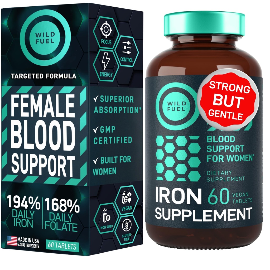 Železo doplnok pre ženy s kyselinou listovou - 35 mg Blood Builder Ferrous Sulfate, Kyselina listová 400 μg - Železo pilulky pre ženy s anémiou a tehotenstvo podpora - 60 Gluten-free, Vegan Železo Vitamín tablety