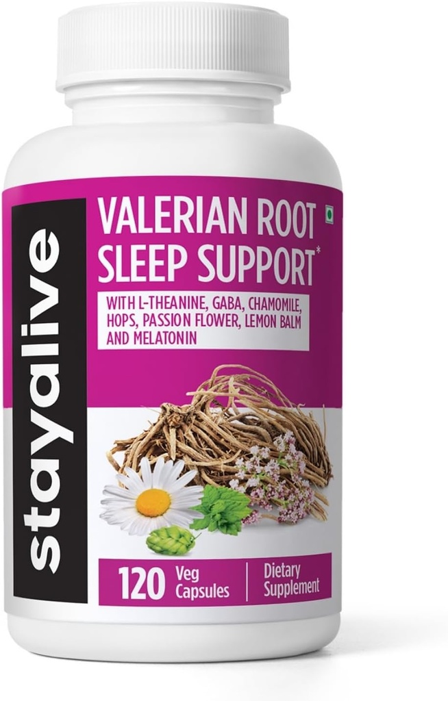 STAY ALIVE Valerian Root Kapsule, 8-in-1 extrakt w/melatonín, mučenka, L-teanín, citrónový balzam, chmeľový kvet, harmanček & GABA, 120 Valeriánskych piluliek, non-GMO & Gluten-free Natural Sleep Supplement