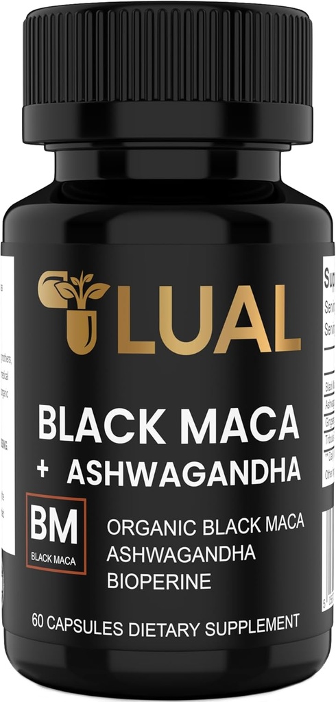 LUAL 300,000mg 30x Sila Organické Black Maca Root s Ashwagandha - Najvyššia potencie Black Maca Root Kapsule od Muži - 100% Pure Maca Peruana prášok Organické, Želatizované, Non-GMO - 60 Pills