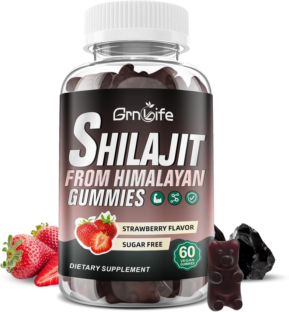 Shilajit Gummy pre mužov a ženy, 1000MG Shilajit Supplement with 85+ Trace Minerals & Fulvic Acid for Energy, Imunity, Sugar-Free, Jahodový-60 Počet
