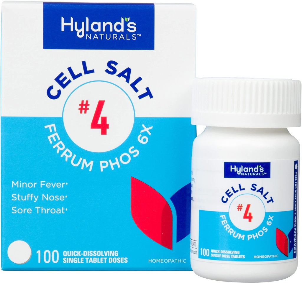 4 Cell Salt Ferrum Phos 6X Tablety, Dekongestant a Sinus Relief, Zápalové doplnky, Prírodná úľava od príznakov chladu a horúčky, Rýchle rozpustenie tabliet, 100 Počet