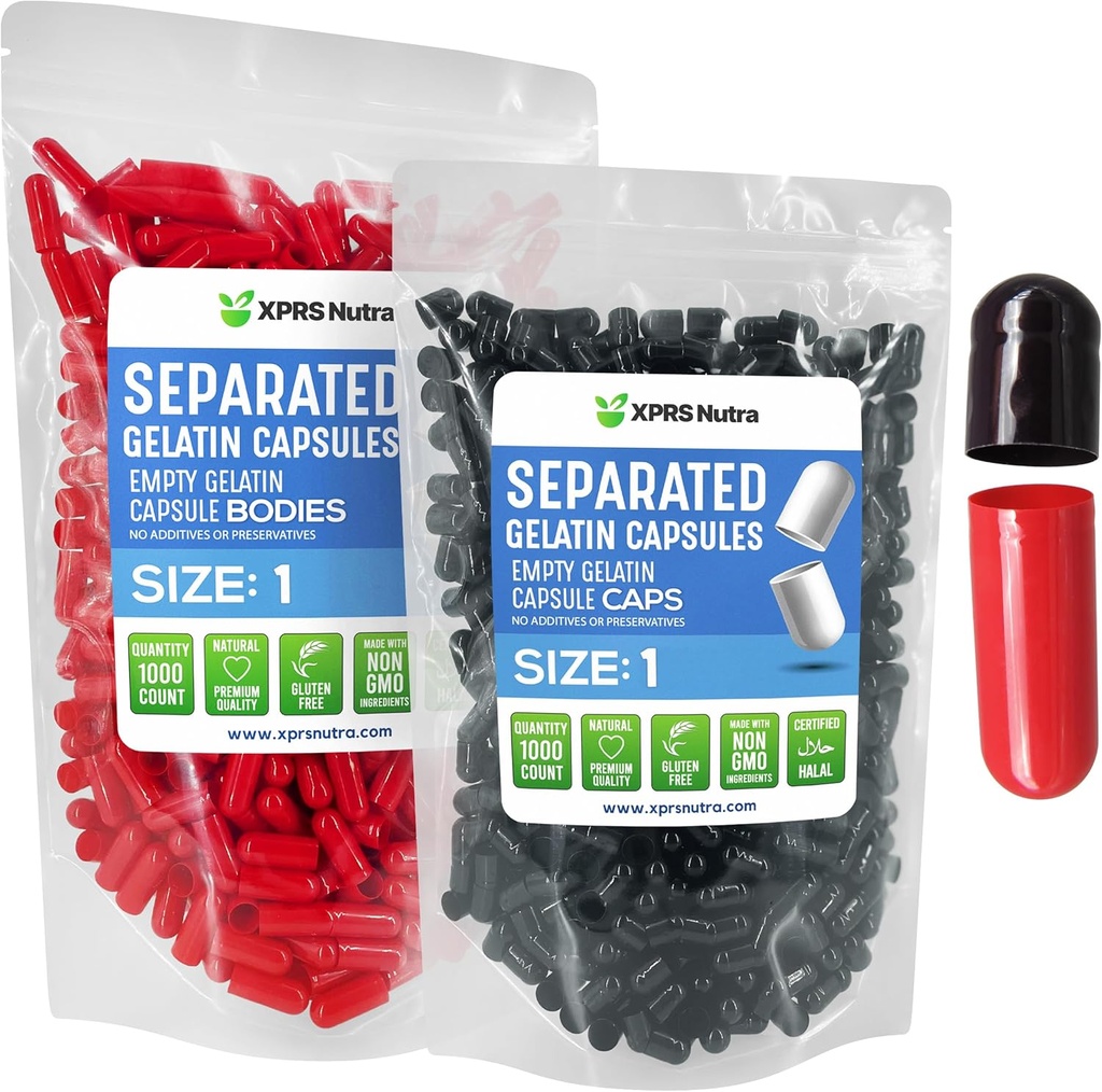 XPRS Nutra Veľkosť 1 Želatína Oddelené Kapsule - 1000 Počet prázdnych pilulky Oddelené vo vreckách- Prázdne pilulky pre DIY Supplement Filling (čierna/červená)