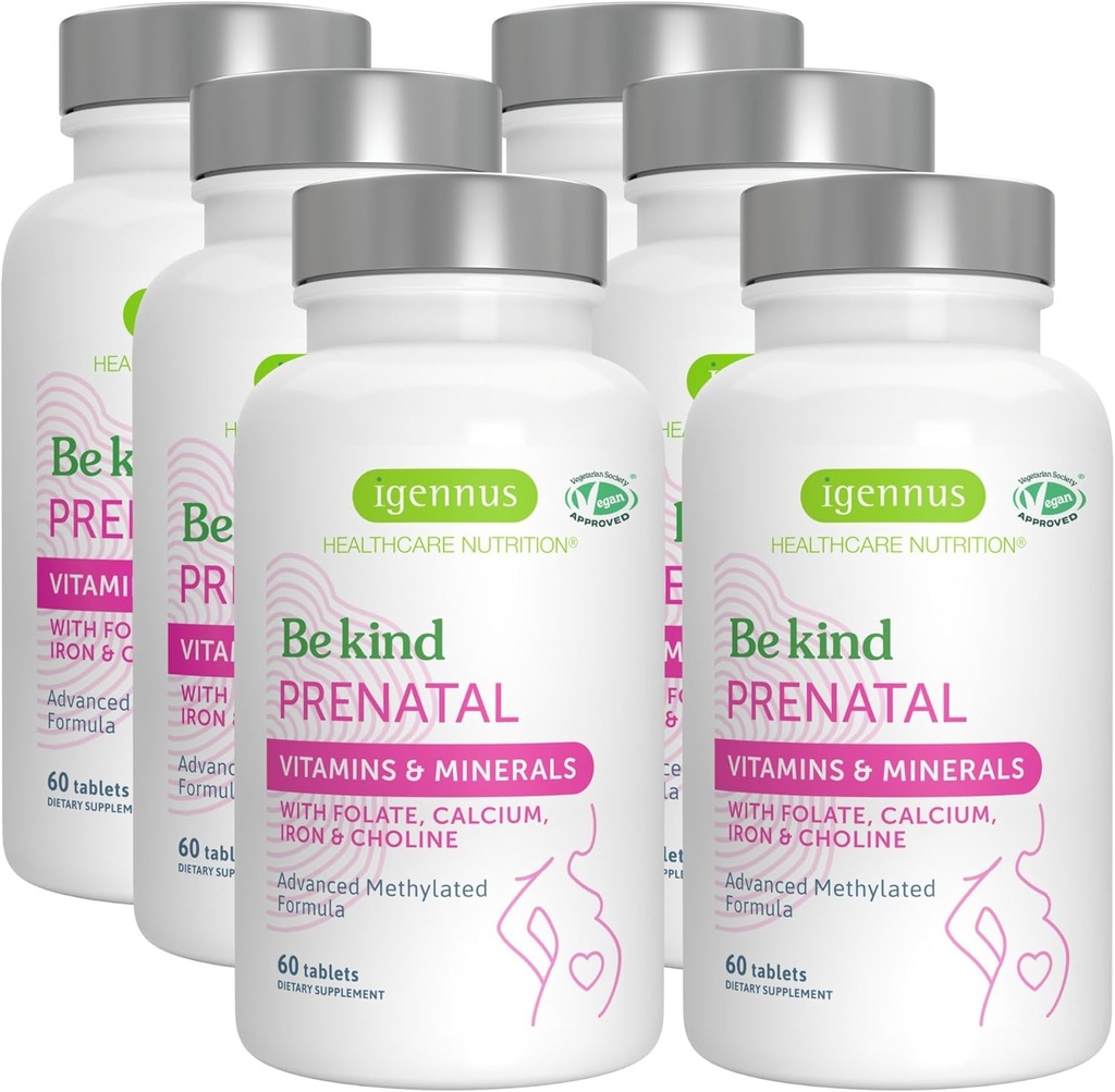 Igennus Metylovaný prenatálny multivitamín pre ženy, folát pre MTHFR, vysoká absorpcia, čisté a čisté, jemné železo, cholín, vápnik a horčík, vegánske tehotenstvo Vitamíny, Halal, non-GMO, 60 tabliet x 6