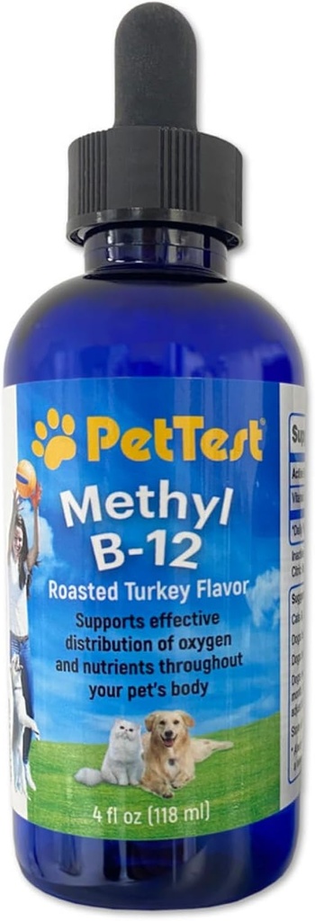 PetTest Methyl B12 Vitamín Tekuté kvapky 4floz (5000 MCG) Doplnok s Metylkobalamín pre diabetické zvieratá, Maximálna absorpcia zvýšiť energiu pre psy a mačky