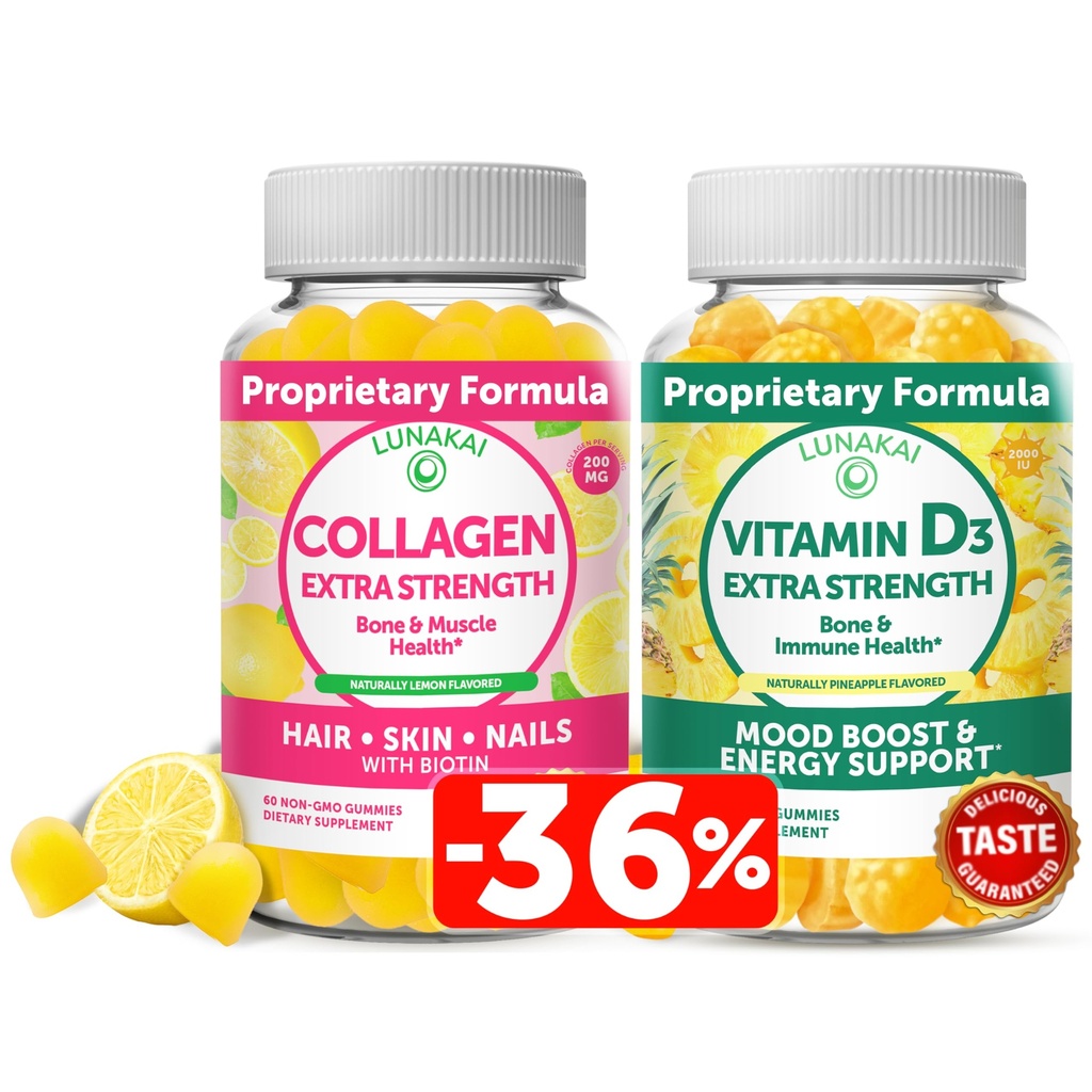 Lunakai kolagén a vitamín D3 Gummy Bundle - Non-GMO proti starnutiu doplnkov pre mužov a ženy - Imunita, kosti a nálada Gummy pre dospelých - 30 dní dodávky
