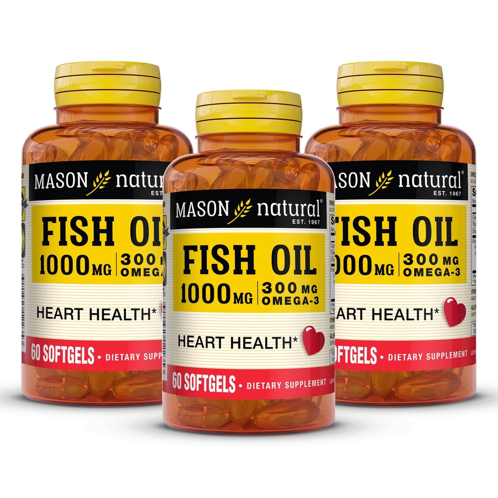 MASON NATURAL Omega,3 Fish Oil, 180,Day Supply, 1000mg with EPA and DHA for Joint Support, 60 Softgel Pills (3 pack)