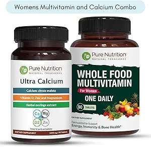 Pure Nutrition Ultra Calcium 1000mg a celé jedlo Ženy Multivitamíny 1500mg pre zdravé kosti,Metabolické podporu, kĺby a celkový wellness. Ultra Vápnik 90 Karty + Ženy Multivitamíny 90 Karty.