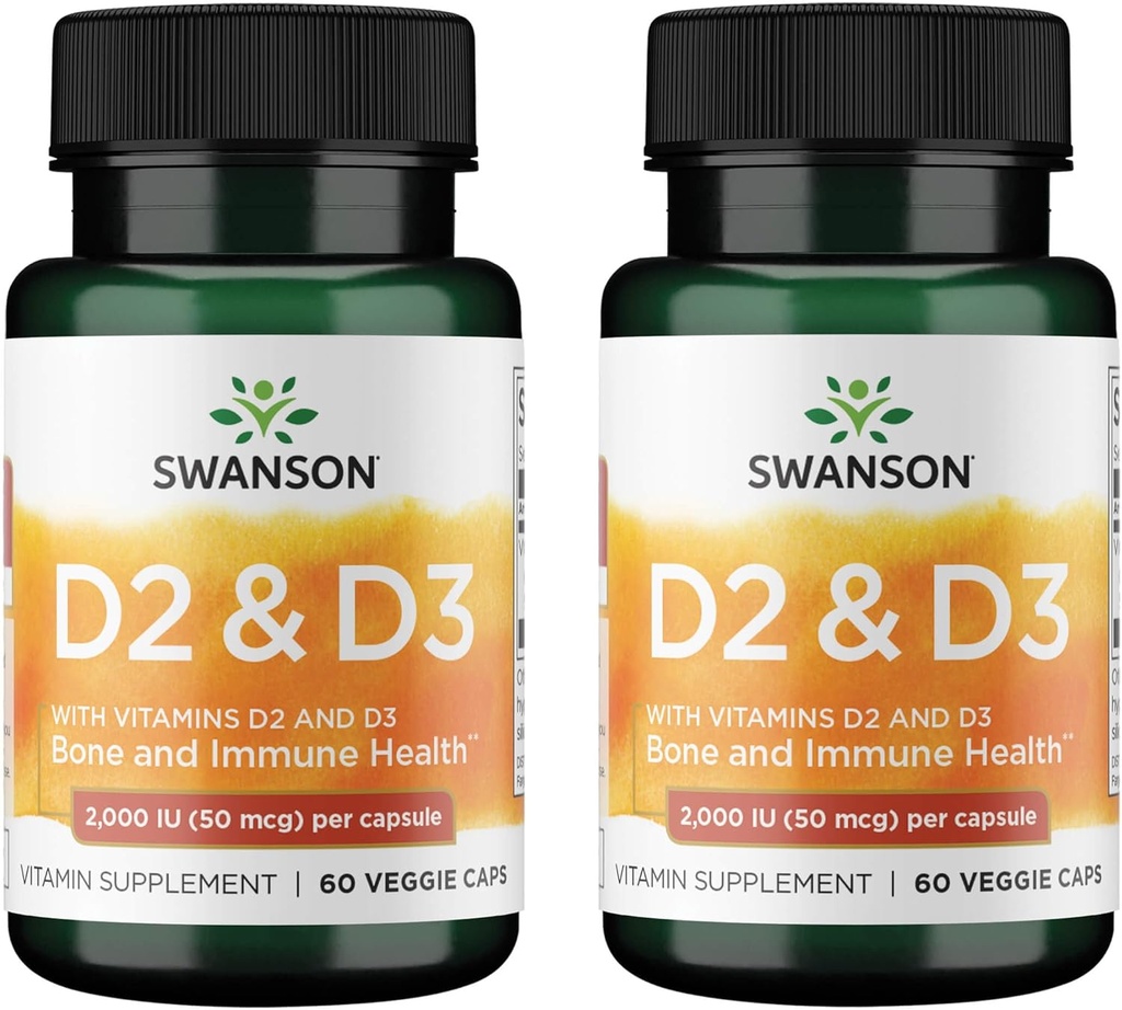 Swanson vitamín D komplex s vitamínmi D2 a D3 - Kompletný slnečný vitamínový komplex pre kosti, zubné a imunitné zdravie - vitamínové doplnky (50 μg, 60 Veggie kapsuly) (2 balenia)
