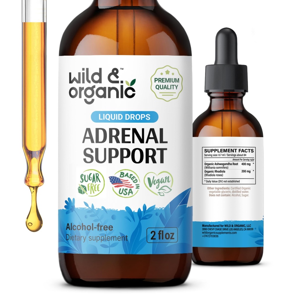 Wild & Organic Adrenal Support Tinture for Positive Outlook - Adrenal Complex with Ashwagandha, Rhodiola Rosea Root - 1-Month Supply - Vegan, No Sugar & Alcohol - 2 fl oz
