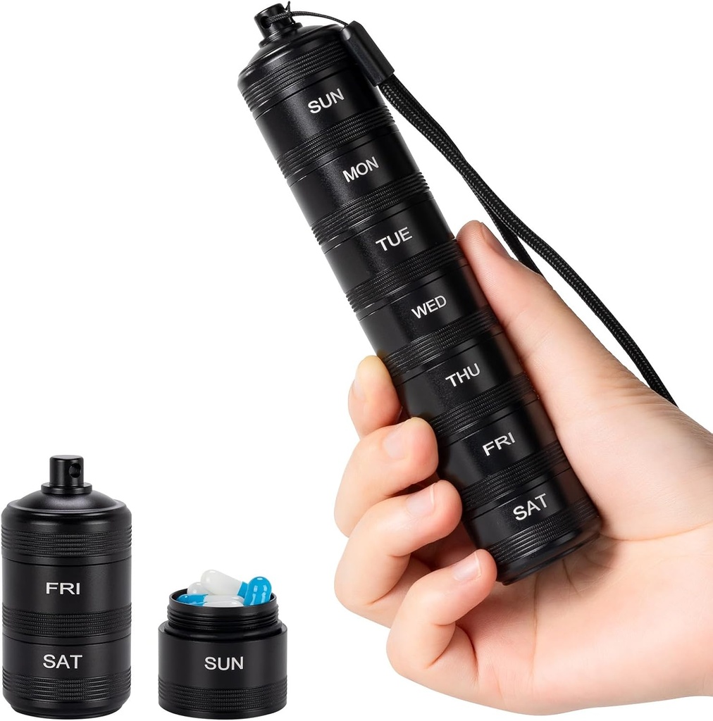 Portable Metal Weekly pilulka Organizátor - Nepremokavá pilulka, Malý kompaktný Travel Week hliníková zliatina Kontajner, 7 Day Daily Medicine Holder pre malé pilulky, Čierna S