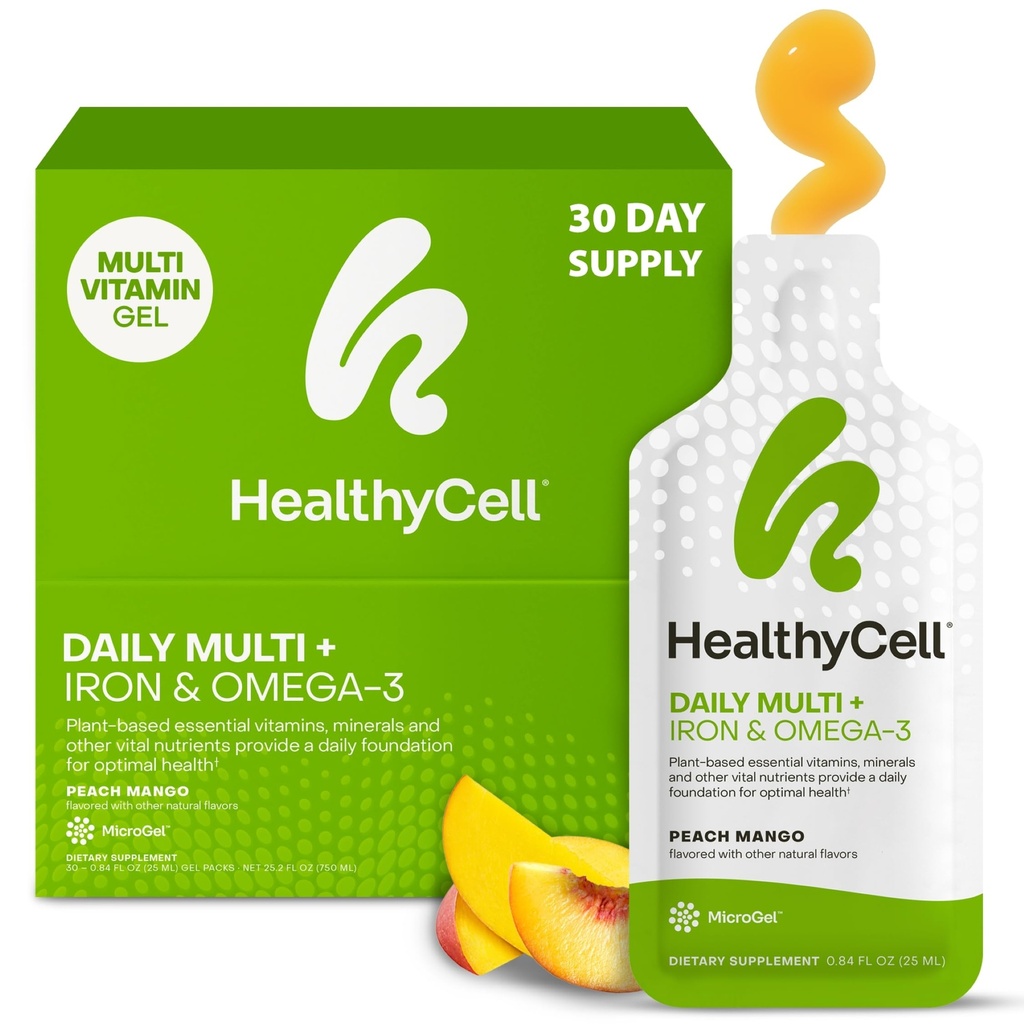 Zdravotnícke bunky Vegan Daily Multivitamínový tekutý doplnok so železom a omega-3, 25+ Esenciálne vitamíny, minerály a živiny pre zdravie mozgu a srdca, imunitná podpora a energia - 30 gélových balení