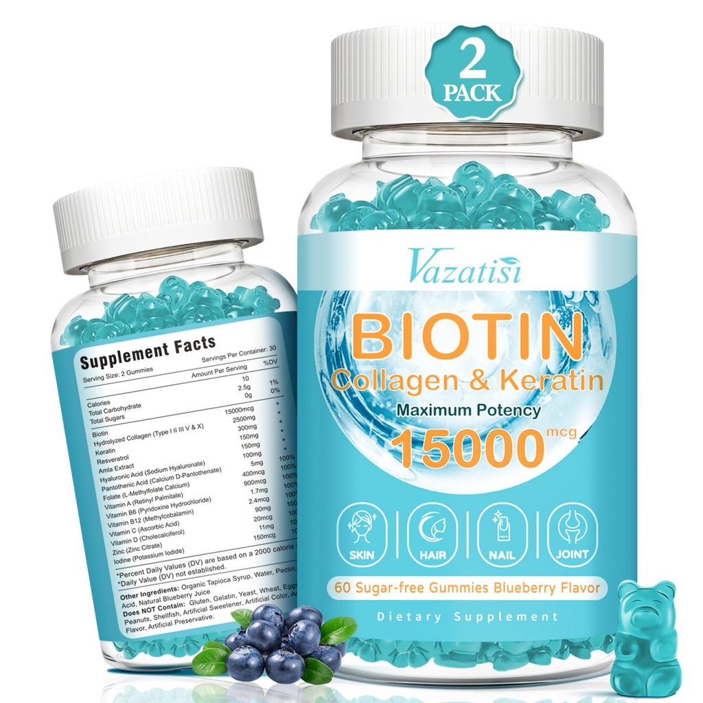 Biotín a kolagén Gummy s B12, vlasy kože a nechtov Vitamíny Gummy pre rast vlasov, žiariace kože a silné nechty - čučoriedková chuť, bez cukru, 120 Ct