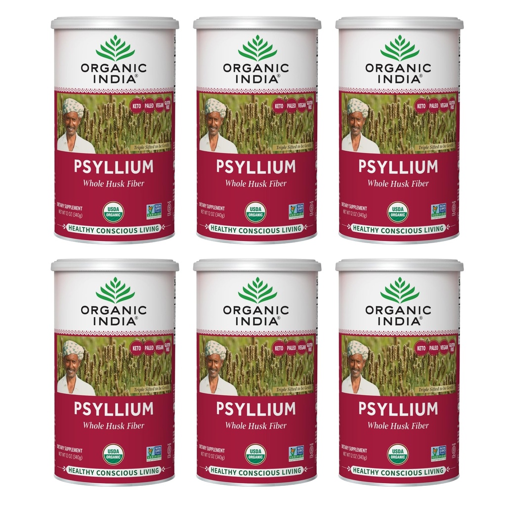 ORGANIC INDIA Celo Psyllium Husk prášok Organické - Psyllium Husk Fiber Supplement, Podpora trávenia, Vegan, Gluten-free, non-GMO, Rozpustné a nerozpustné Fiber Zdroj - 12 oz Canister, 6 Balenie