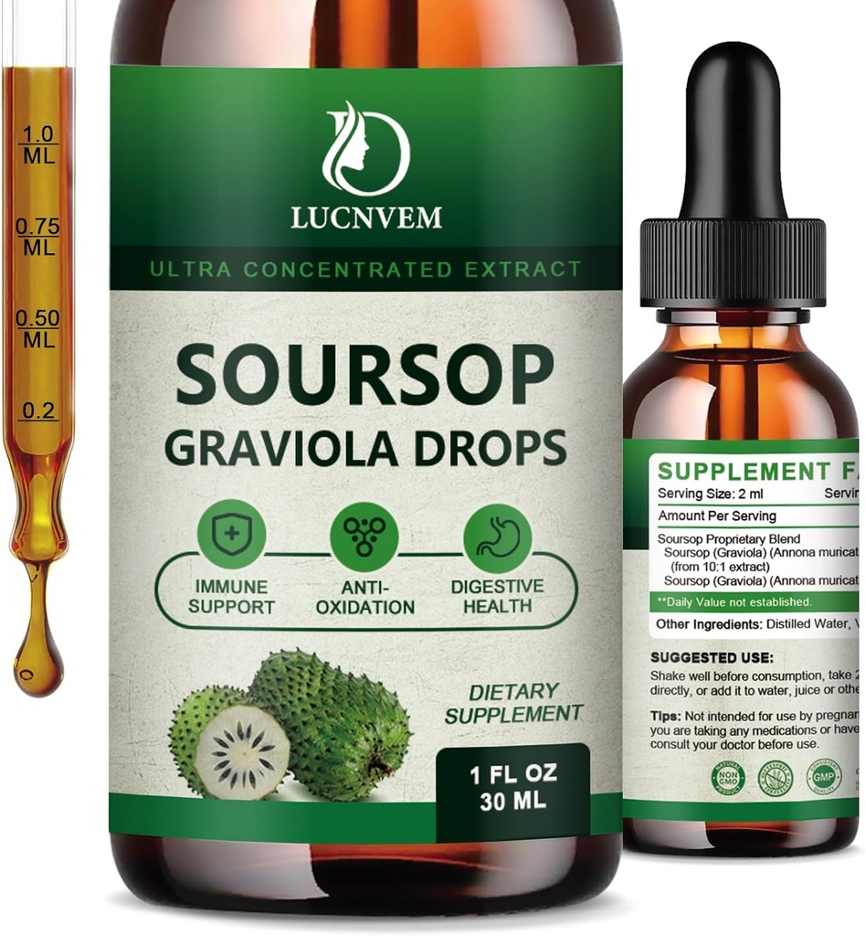(2 balenia) Organic Soursop Graviola Liquid Drops, Soursop Extract Organic Pure for Natural Antioxidant, Cell Support & Regeneration, Immune Boost, Soursop Bitters Liquid Rich in Multivitamín - 2 FL OZ