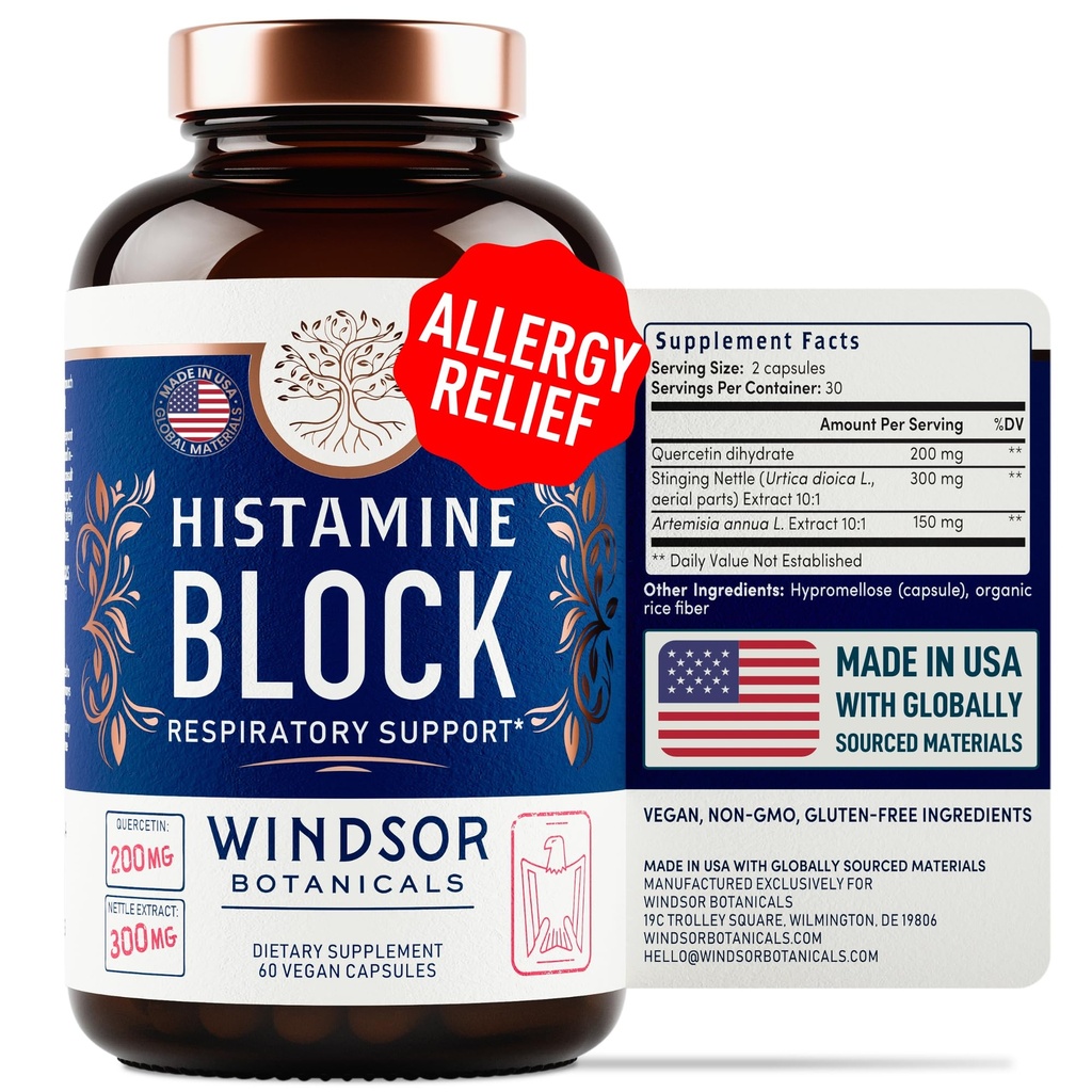 Histamín Blocker pre alergie - Quercetin, Stinging Nettle Flavonoidy Prírodné antihistaminiká Tablety - Alergy Relief Doplnky a antihistaminiká pre dospelých - 60 Vegan Histamín Block Kapsule