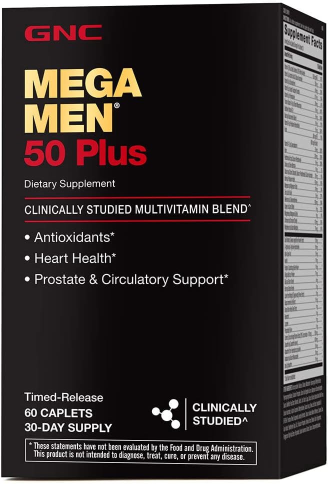 GNC Mega Muži 50 Plus Multivitamínové kaplety, klinicky preukázané, srdce a prostata zdravie, B vitamíny, píla palmetto, pamäť, vitamín D-3, 60 počet