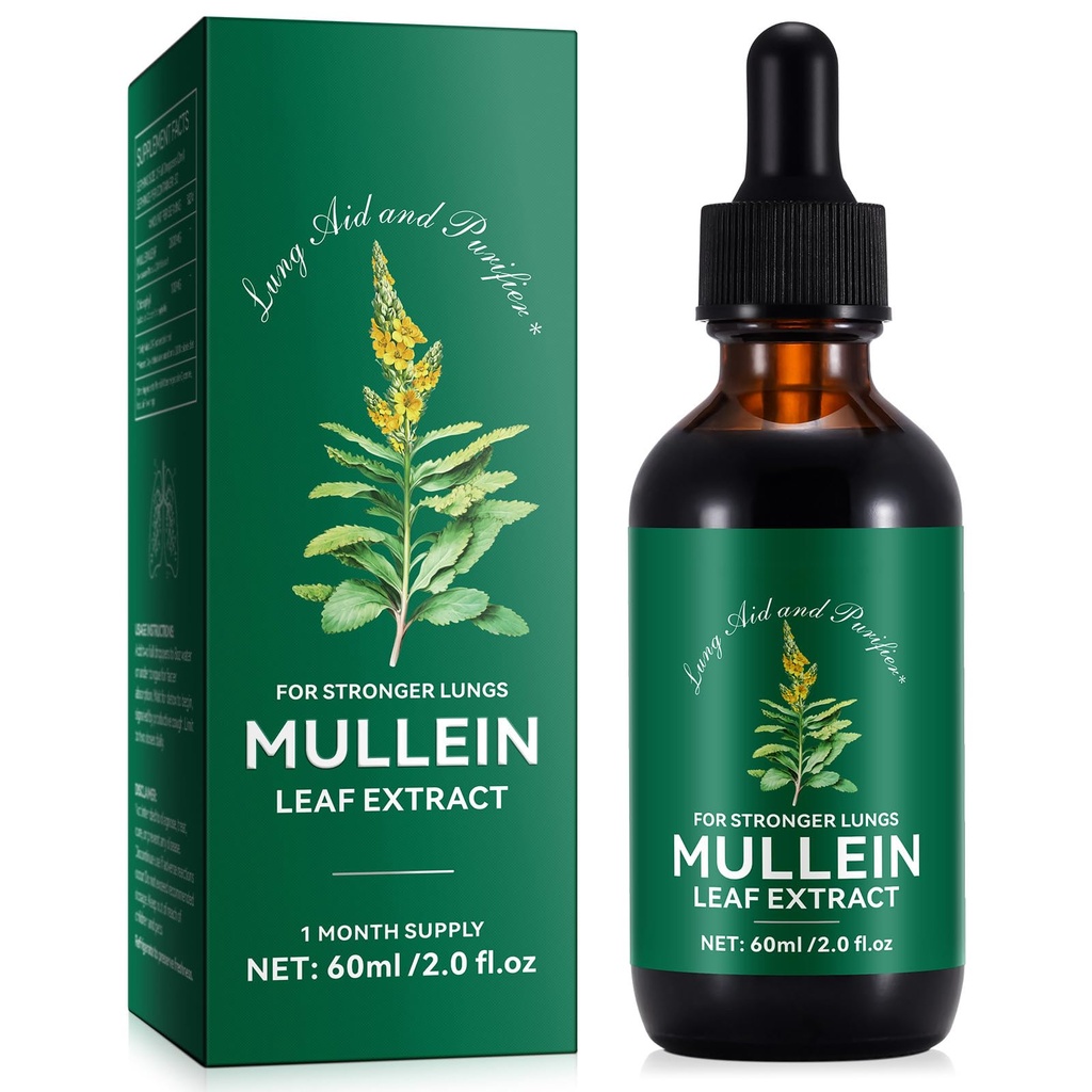 Mullein kvapky pre Pľúca 2 Fl Oz - Mullein Leaf Extract pre Pľúca s chlorofylom - Prírodné bylinné doplnky pre Pľúca čistenie, Podpora dýchania, Boosts Imunity, Tráviace wellness