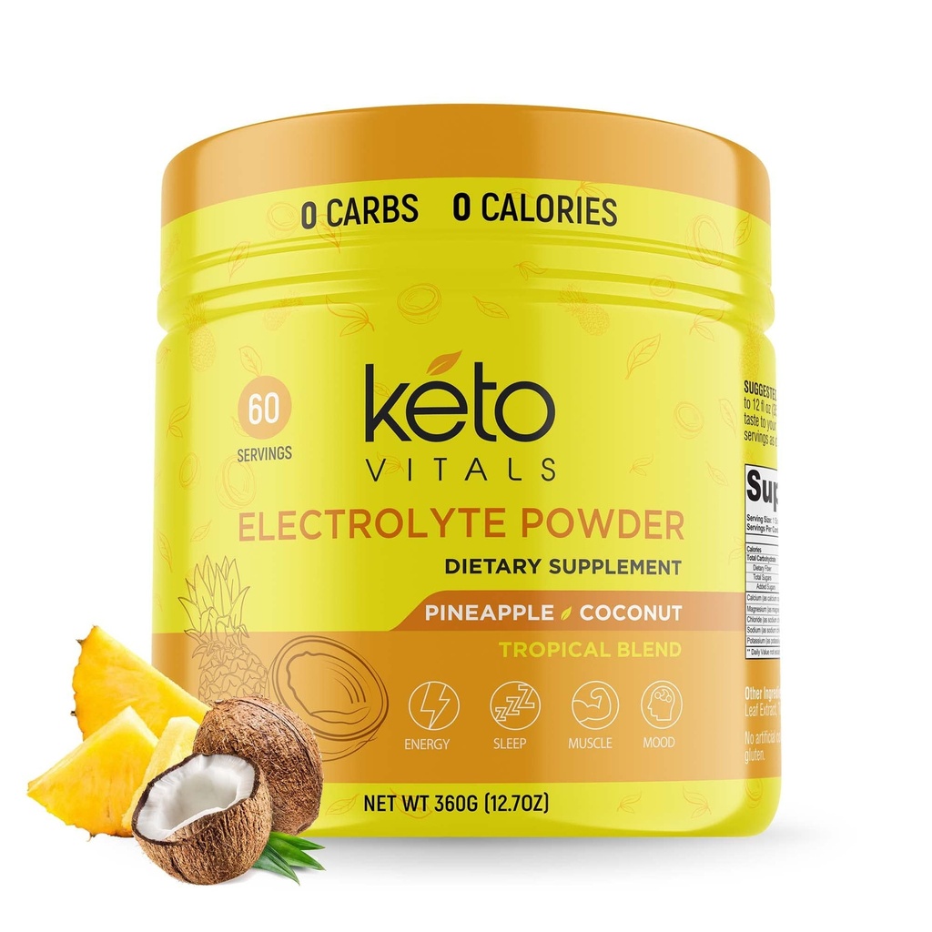 Keto Vitals Electrolytes Powder - Bezcukrový Keto Electrolytes Powder s draslíkom, horčíkom, sodíkom a vápnikom - Bez cukru Elektrolytový nápoj Mix a hydratačný Powder, 60 Servisov, Ananás Coconut