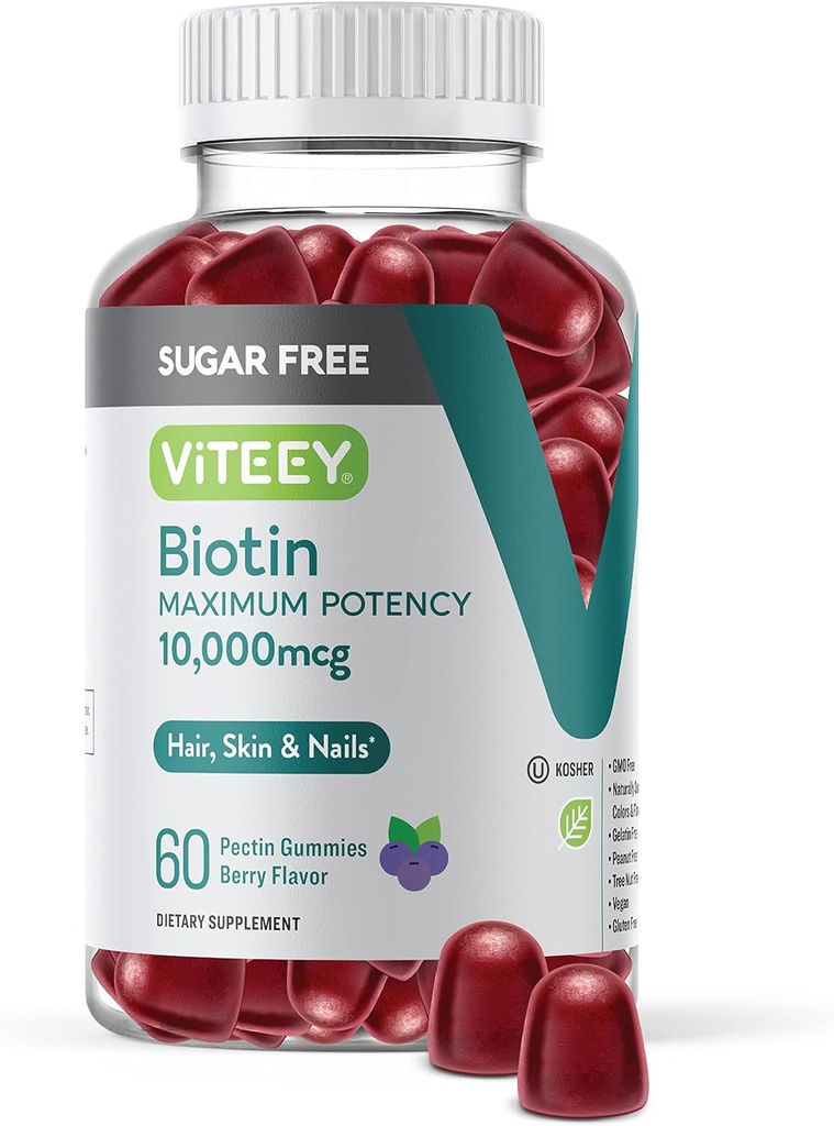 Viteey Biotin Gummies pre vlasy, kožu, a nechty 10 000mcg - bez cukru - rast vlasov Gummy, zdravá koža žiara, silný zdravý rast nechtov - Vegan, lepok zadarmo, želatína zadarmo - chutné Berry chuť