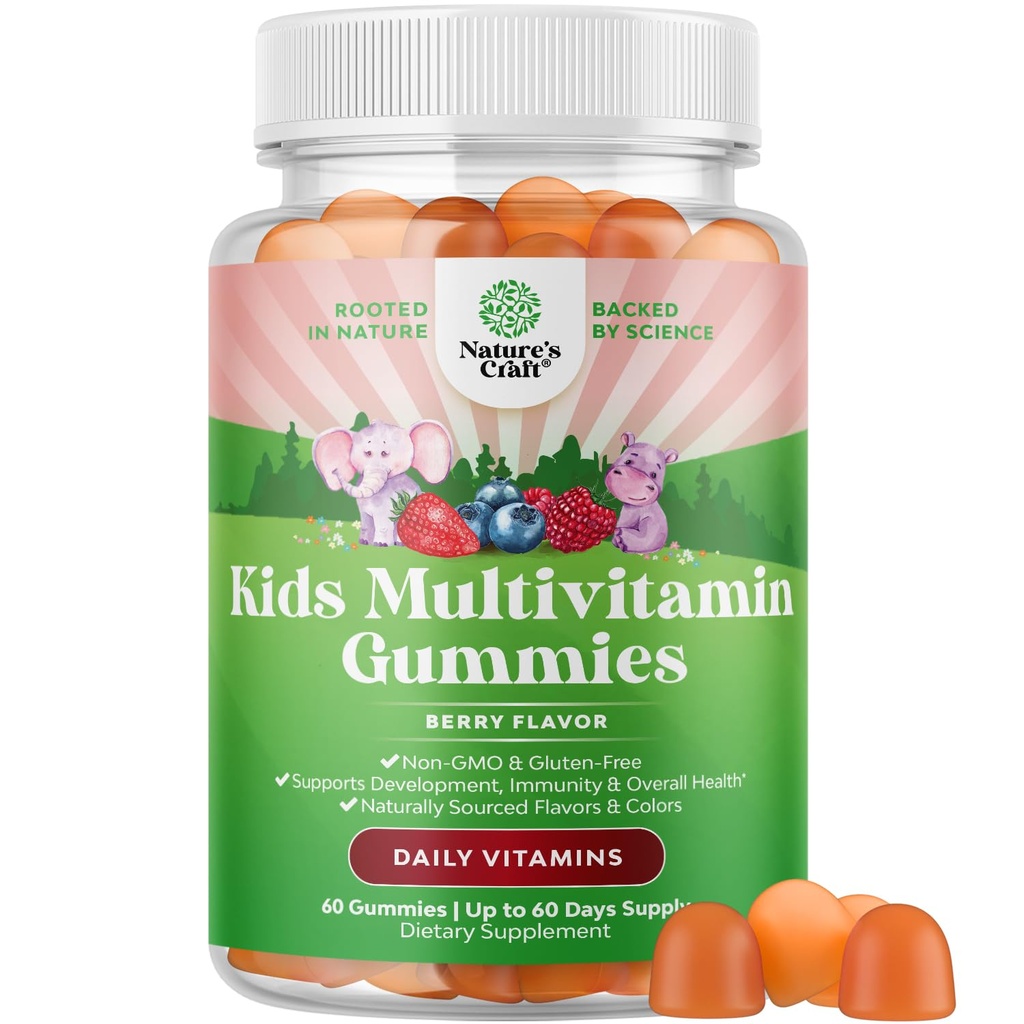 USDA Organic Kids Multivitamínové Gummy - Multivitamín pre deti Imunitná podpora s vitamínmi A, C, D3, E, B6 & B12, Zinok a jód - Detské vitamíny Žuvacie Formula pre silné zdravie - 60 Počet