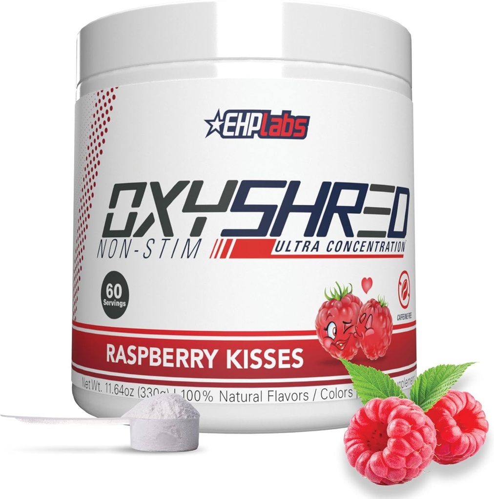 EHP Labs OxyShred Non stimulant Pre Cvičenie Powder - Stim Free, Caffeine Free Preworkout pre mužov a ženy - Non Stim Preworkout - Sugar Free Energy Powder - Malina, 60 Servings