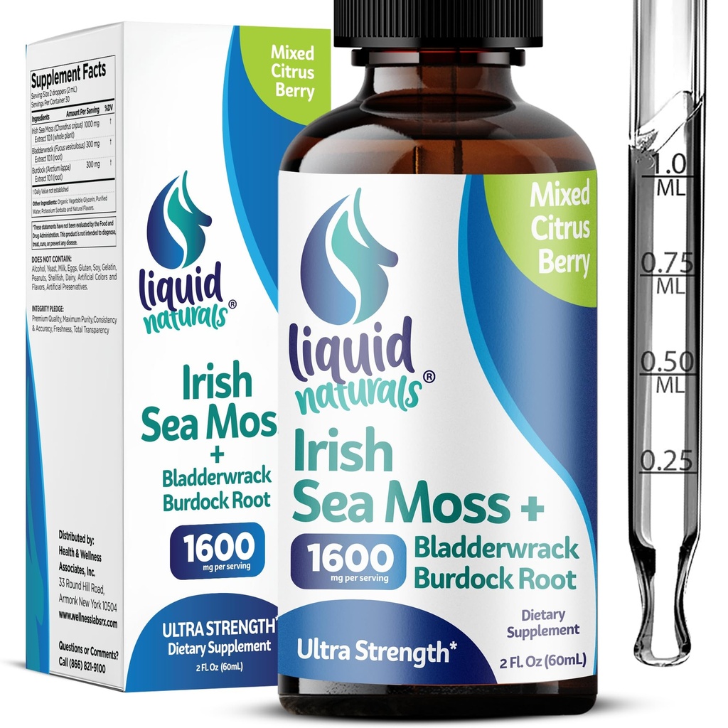 Irish Sea Moss Drops - Citrus Berry Flavor - 92+ Essential Minerals & Vitamíny - Energy, Skin, Gut, Recovery - Bladderwrack a Burdock Root - 2 fl. oz