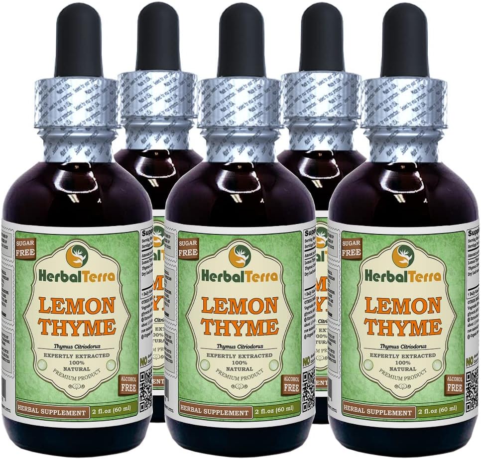 Citrónový tymián (Thymus x Citriodorus) Glycerit, Organicky sušený Herb Bez obsahu alkoholu Tekutý extrakt (názov brandy: HerbalTerra, hrdo vyrobené v USA) 5x2 fl.oz (5x60 ml)